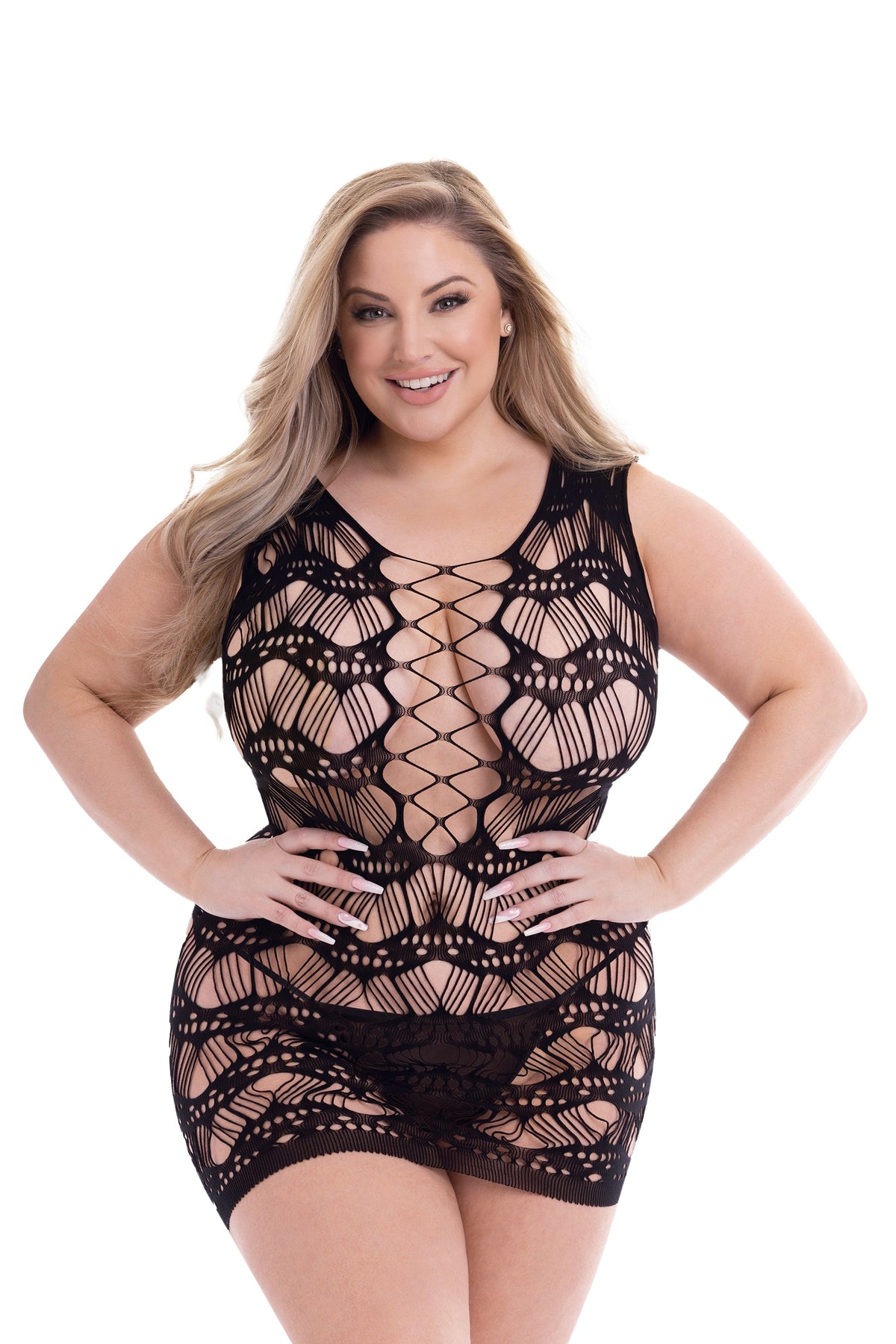 MINI ABITO IN PIZZO FRONTALE CON CORSETTO BACI NERO, QS